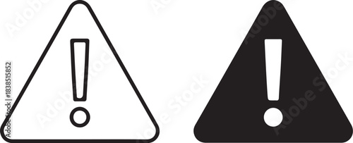 Two Stylized Icons of an Exclamation Mark in a Triangle One Outline and One Solid Black on White Background Keywords: exclamation mark, warning, alert, danger, caution, on transparent background