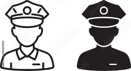 Two Stylized Icons of a Police Officer in Uniform One Outline and One Solid Black on White Background Keywords: police officer, law enforcement, icon, symbol, uniform, cap, on transparent background