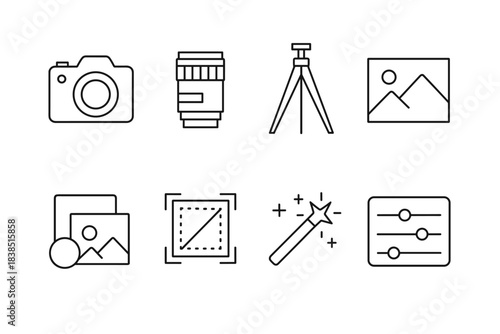 Icon set featuring camera equipment and editing tools in minimalist style