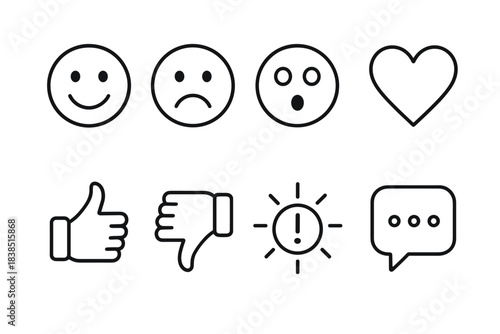 Set of simple emojis and symbols: smile, frown, surprise, heart, thumbs up, alert