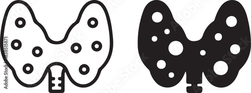 Two Stylized Icons of the Thyroid Gland One Outline and One Solid Black with Dots on White Background Keywords: thyroid, gland, endocrine system, anatomy, medical, health, on transparent background