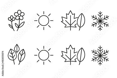 Simple nature icons: flowers, sun, leaves, snowflakes
