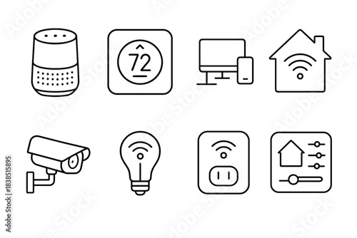 Smart home technology icons including voice assistant and security camera