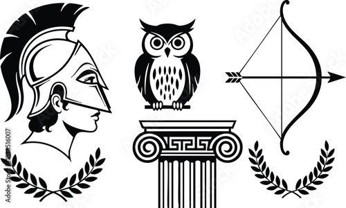 Line art classical greek emblem set showing profile helmet looking right owl perched on ionic column bow and arrow laurel wreaths black silhouette on white background