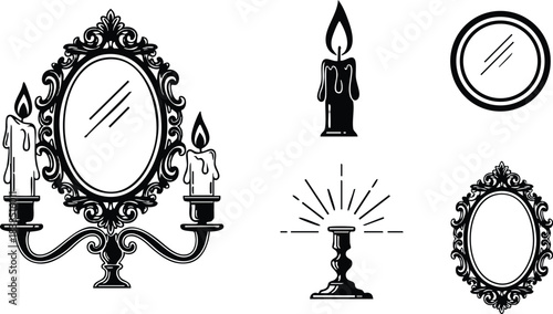 Line art ornate baroque mirror with three candles close up front view dripping wax decorative frame round and oval mirror black silhouette vector icon set collection