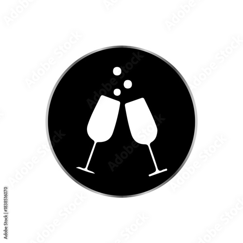 Vector icon of two champagne flutes clinking in a black circle.