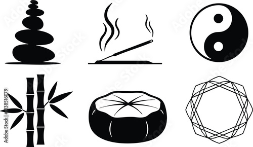 Flat design minimalist wellness icon set with stacked stones incense yin yang bamboo bath bomb and geometric mandala arranged in simple grid bold black silhouette style