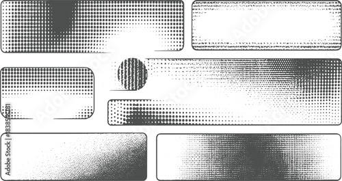 Three horizontal bands of grayscale dot patterns with varying density and size halftone texture