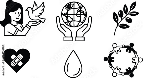 Flat design black line icon set close up hands holding globe dove olive branch heart bandage water drop people circle representing peace community health environment unity