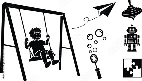 Flat design black silhouette child on swing facing forward with paper airplane top robot bubble wand and puzzle icon set for play concept minimalist vector illustration