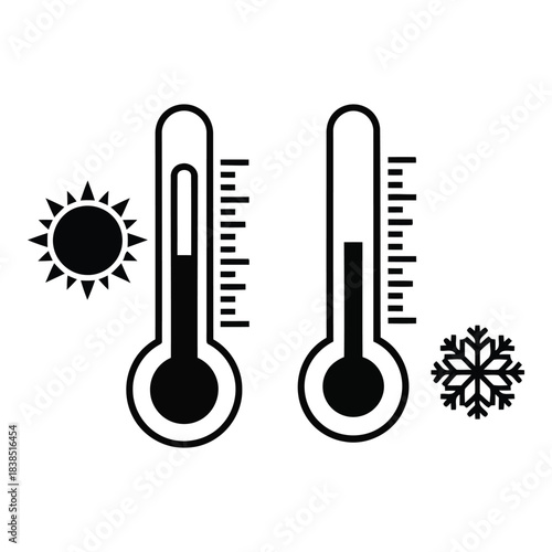 Hot and cold thermometers with sun and snowflake icons illustration