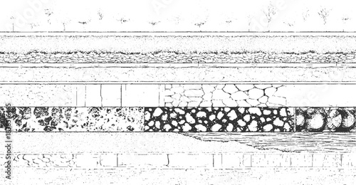 Black and white cross section illustration of soil layers with grass and water vector 
