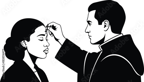 Line art close up priest marking cross on forehead of woman looking down during blessing inside church side view black and white vector illustration solemn mood