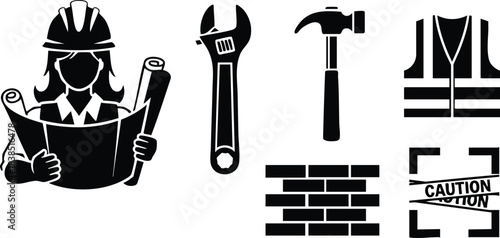 Flat design close up female engineer holding blueprints and wrench with hammer beside brick wall and caution tape monochrome construction icons wearing hard hat and vest