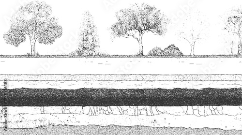 Black and white cross section illustration of soil layers with grass and water vector 
