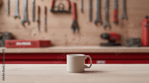 White coffee mug on a table with blurred red workbench and hanging tools in the background.