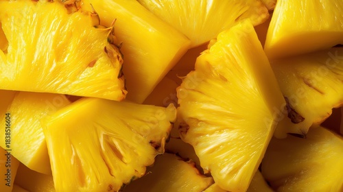 Top-down close-up of vibrant yellow pineapple slices with sharp studio detail.