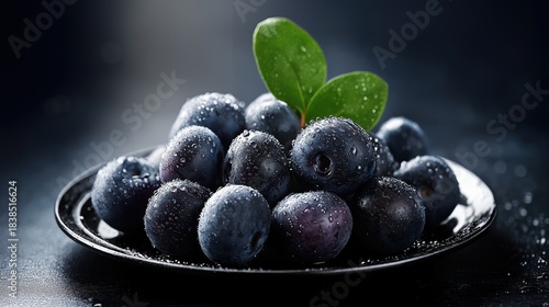 Black plate with fresh blueberries and water droplets against a dark, moody background.