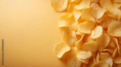 Ultra-realistic orange background with golden potato chips forming a dense frame around a clean central area.