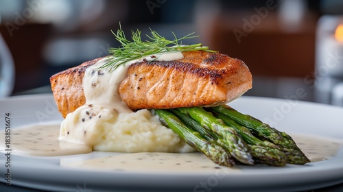 Medium-sized pan-seared blackened salmon served with tender asparagus and creamy mashed potatoes, presented in a smooth, velvety sauce on a elegantly styled plate.