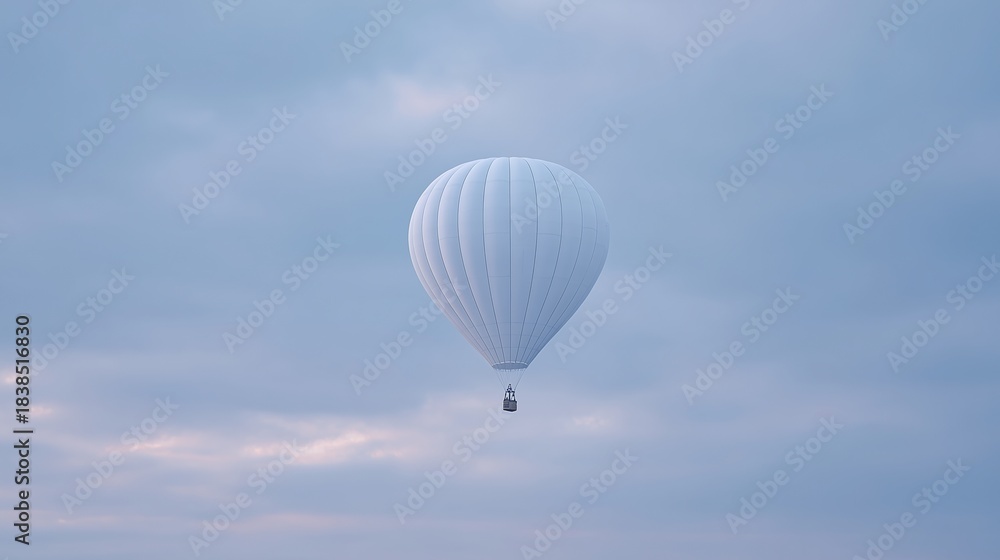 Naklejka premium 2026 Color Trend – All-White Hot Air Balloon Floating in Dreamy Cloudy Sky with Surreal Light