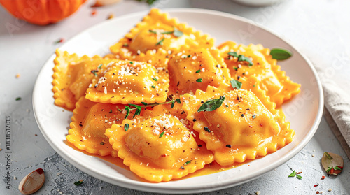 Pumpkin ravioli with butter sauce, closeup. AI