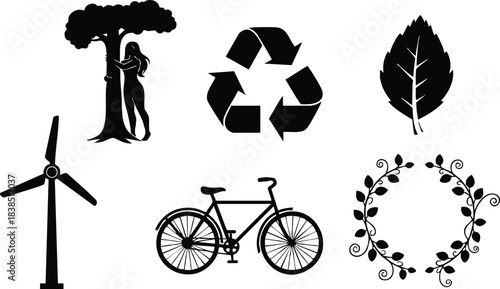 Flat silhouette icon set of environmental symbols showing tree hugger recycle symbol leaf wind turbine bicycle and floral wreath in black vector centered arranged horizontal composition