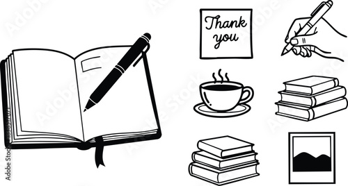 Line art icon set showing open book with pen on page and hand writing thank you with coffee cup stacked books and frame monochrome