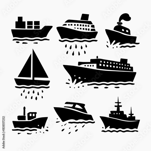Black ship silhouettes set with sea waves, splashes and motion effect