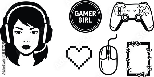 Pixel art retro gaming icon set showing female gamer with headset looking at camera holding controller and mouse heart pixel frame monochrome minimal flat vector illustration