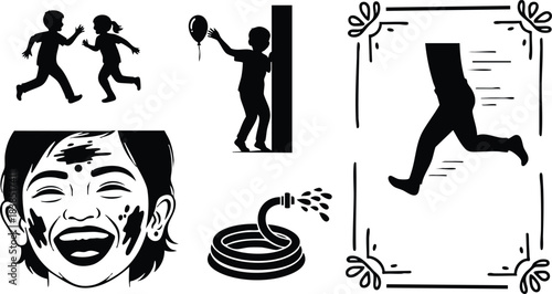 Silhouette vector close up laughing child face and two running children one holding balloon another near wall with garden hose playful outdoor scene high contrast stencil