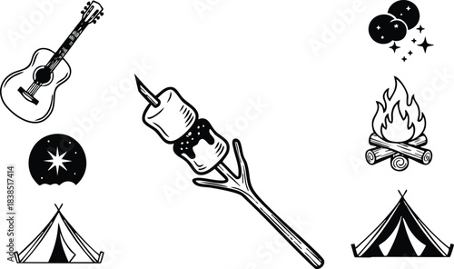 Line art close up camp icon set marshmallow on stick roasting over campfire tent guitar stars moon and bonfire sketch icons minimalist black ink hand drawn