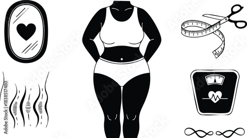 Line art frontal view plus size woman standing in underwear showing stretch marks beside scale and measuring tape reflected in mirror with heart symbol empowering mood