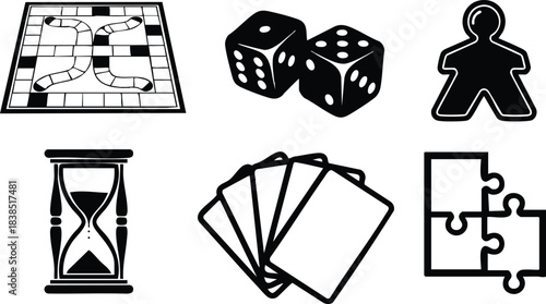 Flat icon set of board game elements top view dice meeple cards hourglass puzzle pieces game board tokens minimalist black and white vector art isolated collection
