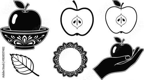 Folk art silhouette close up apple in ornate bowl half apple outline hand holding apple decorative wreath leaf isolated vector black and white flat simple elegant