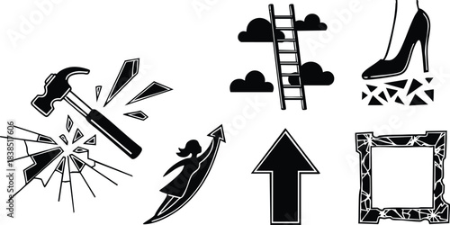 Flat icon collection close up multiple black silhouette symbols hammer breaking glass high heel shoe on shards ladder to clouds upward arrow ornate decorative frame vector