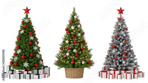 Three beautifully decorated christmas trees with presents underneath on a transparent background celebrating the holiday season