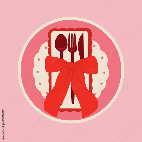 Cutlery setting for Valentine's Day or romantic dinner with red bow on a pink background