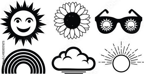Flat design icon set summer weather symbols simple black glyphs smiling sun sunflower sunglasses rainbow cloud sunrise isolated vector art minimal line stroke badge monochrome outline