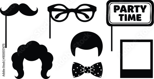 Flat design party photo booth prop set with mustache stick glasses stick bow tie wig and polaroid frame with party time sign in black silhouette vector