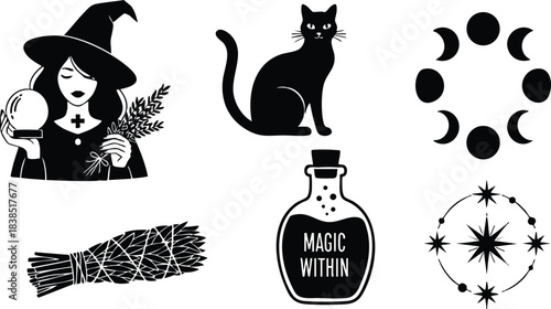 Flat design witch icon set showing witch holding crystal ball with herbs and potion bottle and black cat and moon phases in silhouette minimal monochrome icons