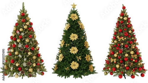 Three beautifully decorated christmas trees with red gold and green ornaments PNG.