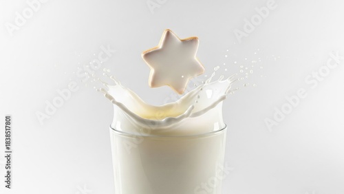 Star shaped cookie falling into glass of milk creating splash. Delightful treat for Christmas season or cozy breakfast moment. Food composition holiday concept.