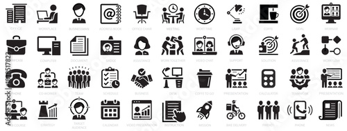 Office icon set. Office and workplace web icons. Briefcase, desk, computer, meeting, employee, schedule and co-worker, business, support and more. Editable stroke. Vector illustration