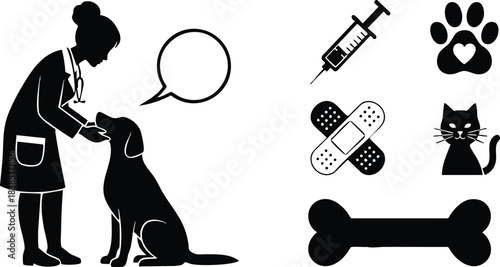 Flat design kneeling veterinarian looking at dog giving vaccination and care icons set with cat bone syringe bandage paw symbol close up side view clinic friendly
