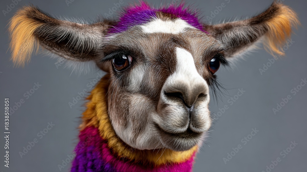 Fototapeta premium A camel with a purple and yellow scarf around its neck. The camel has a very cute and friendly expression