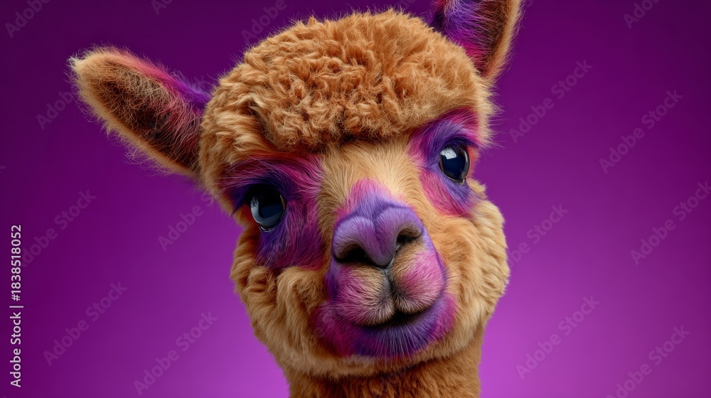 Fototapeta premium A cute animal with purple paint on its face. The animal is a llama. The purple paint gives the llama a unique and playful appearance