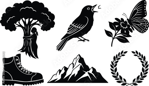 Silhouette icon set close up tree with person hugging trunk bird singing butterfly on flower hiking boot mountain range laurel wreath minimal flat design black vector