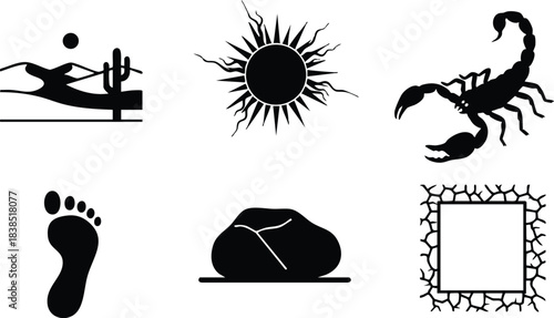 Flat design icon set close up six black silhouette symbols seascape pier seaplane sun scorpion barefoot footprint stone rock thorn frame minimal composition isolated on white