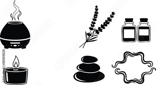 Flat icon set close up spa aromatherapy symbols including diffuser candle lavender sprigs stacked stones oil bottles decorative frame simple black silhouettes minimalist vector style icons